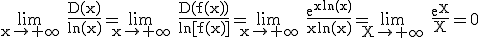 3$\rm \lim_{x\to +\infty} \frac{D(x)}{ln(x)}=\lim_{x\to +\infty} \frac{D(f(x))}{ln[f(x)]}=\lim_{x\to +\infty} \frac{e^{xln(x)}}{xln(x)}=\lim_{X\to +\infty} \frac{e^{X}}{X}=0